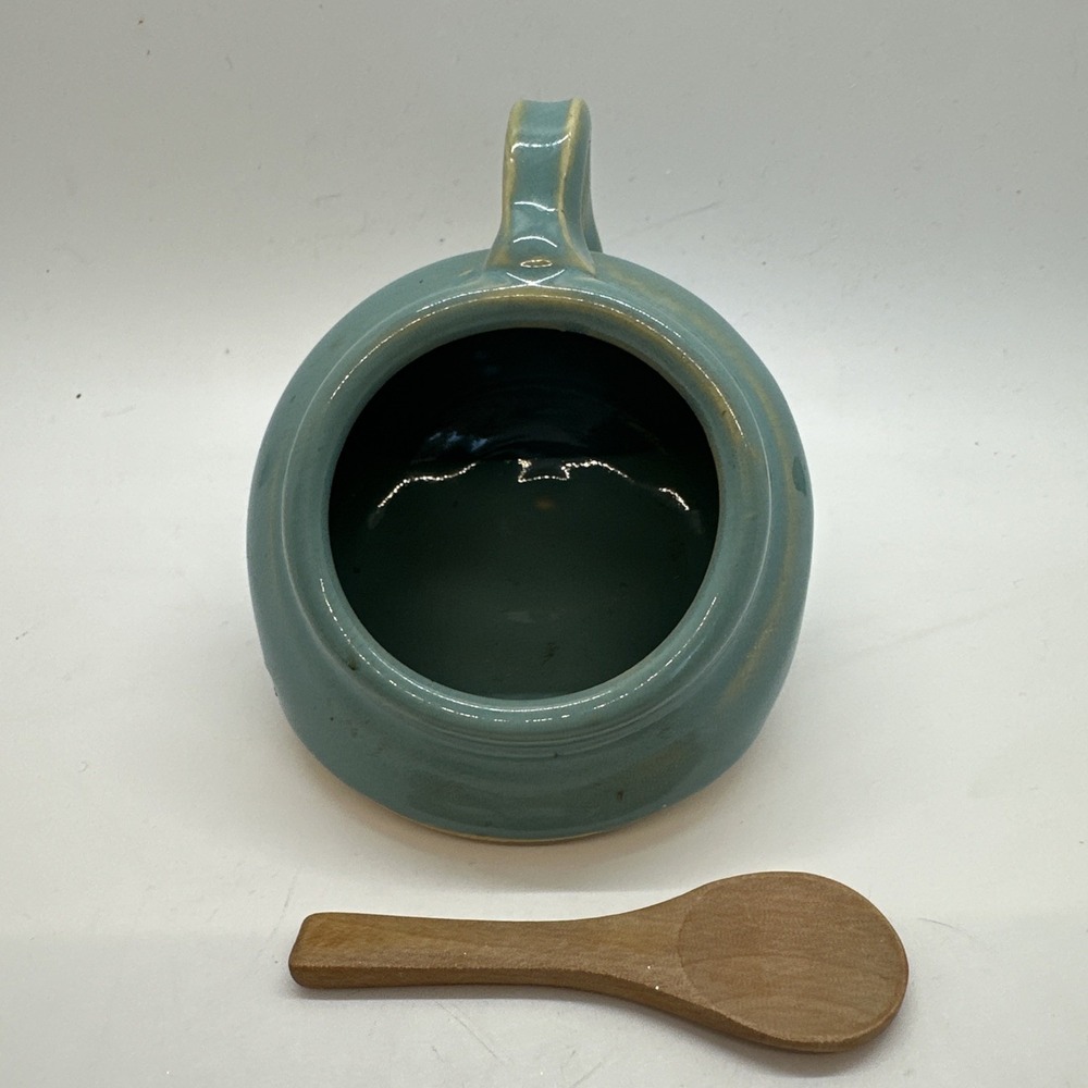 Studio Pottery Salt Cellar Sea Green With Handle And Wooden Spoon